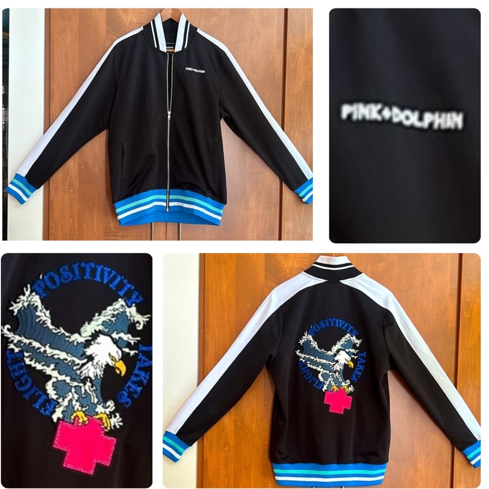 PINK & DOLPHIN full zip, warm-up jacket with embroidered patches, sz S